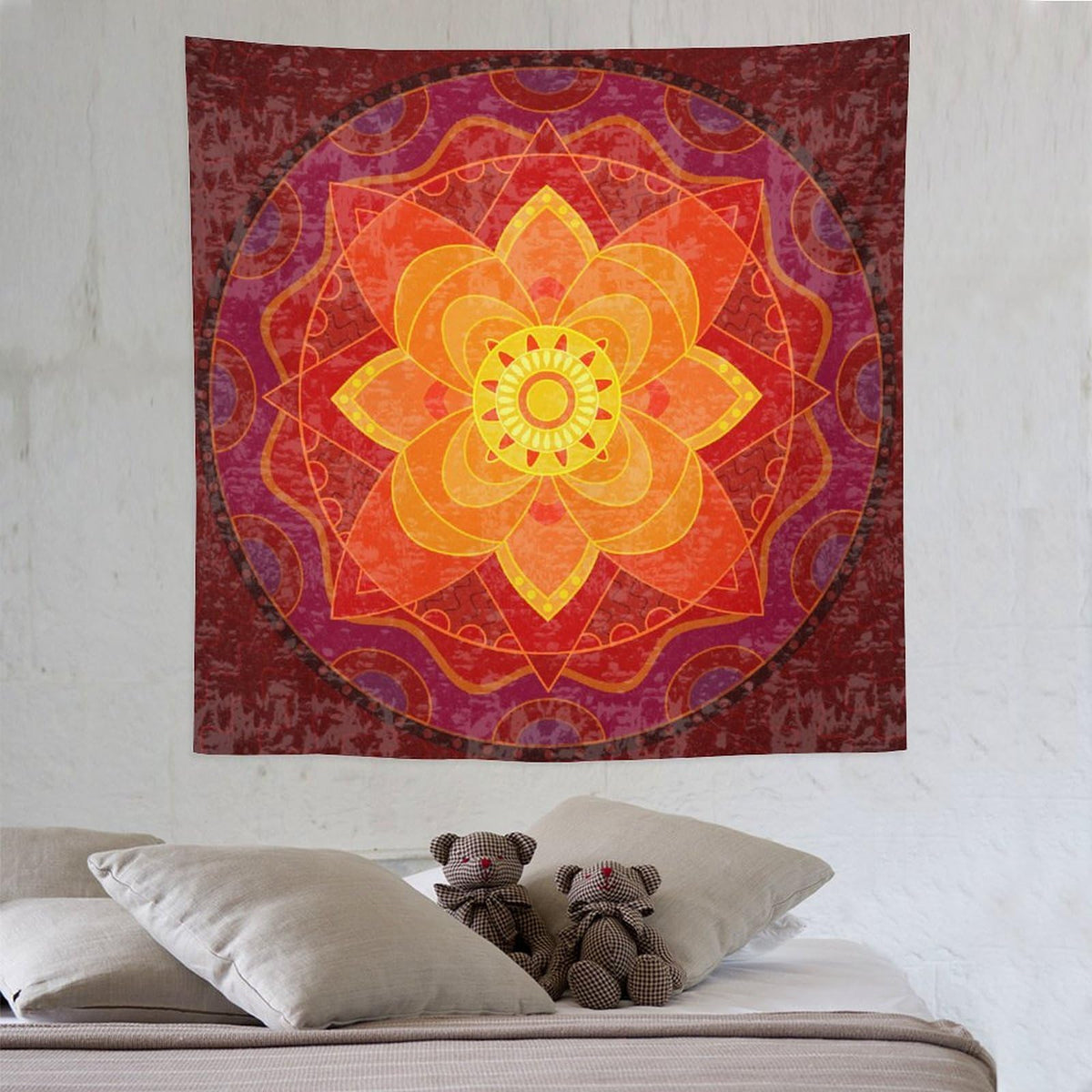 Red Mandala Tapestry Wall Hanging Bright Circular Ethnic Pattern Native Indian Ornament Tapestries Home Decor for Living Room Bedroom Kitchen Dorm 60"x60" (60"L x 60"W / Mandala-9)