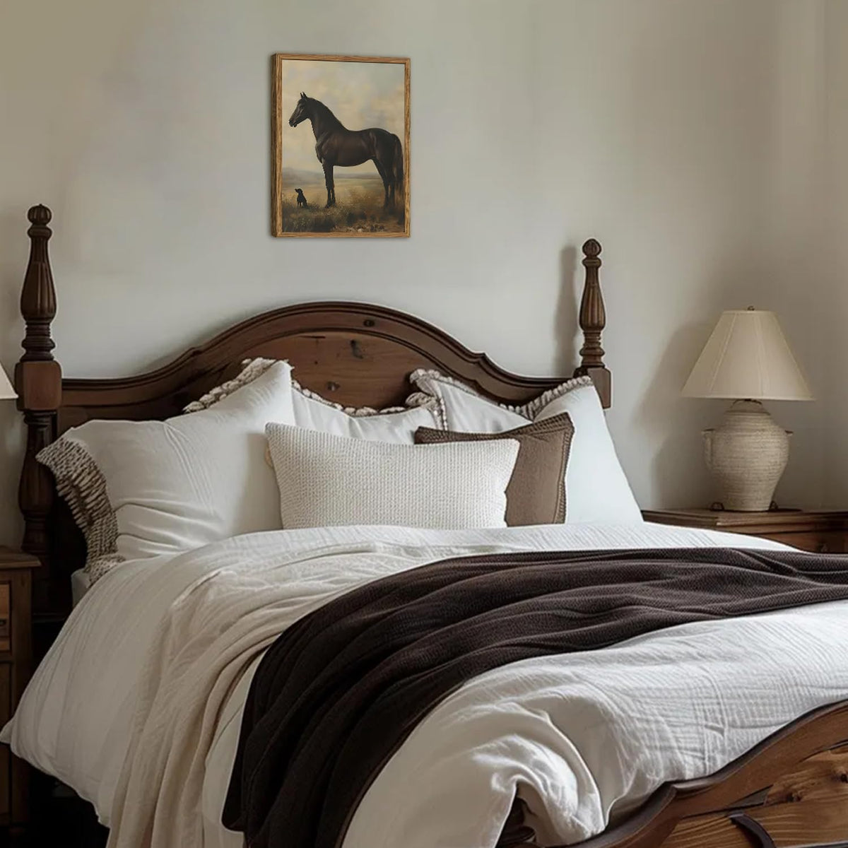 Vintage Black Horse Wall Art Cottagecore Horse and Dog Wall Decor Painting (Animal-F / 16"L x 12"W)