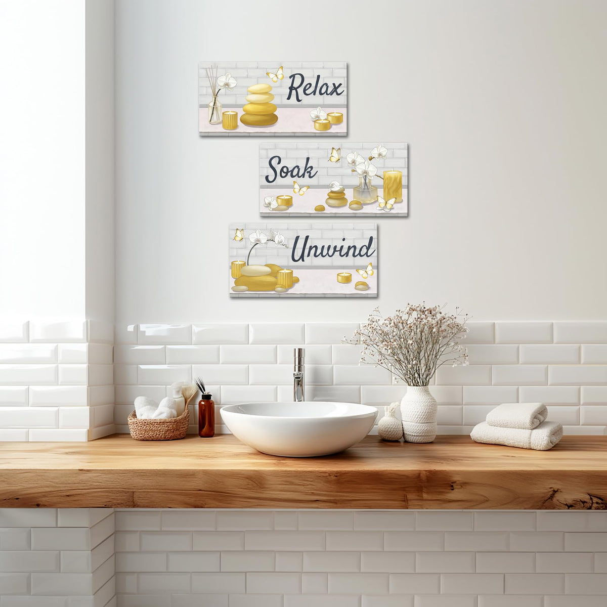 Yellow Bathroom Wall Art Zen Pictures Canvas Painting for Zen Meditation Room Wall Decor Framed 8"x16" for Each (Yellow)