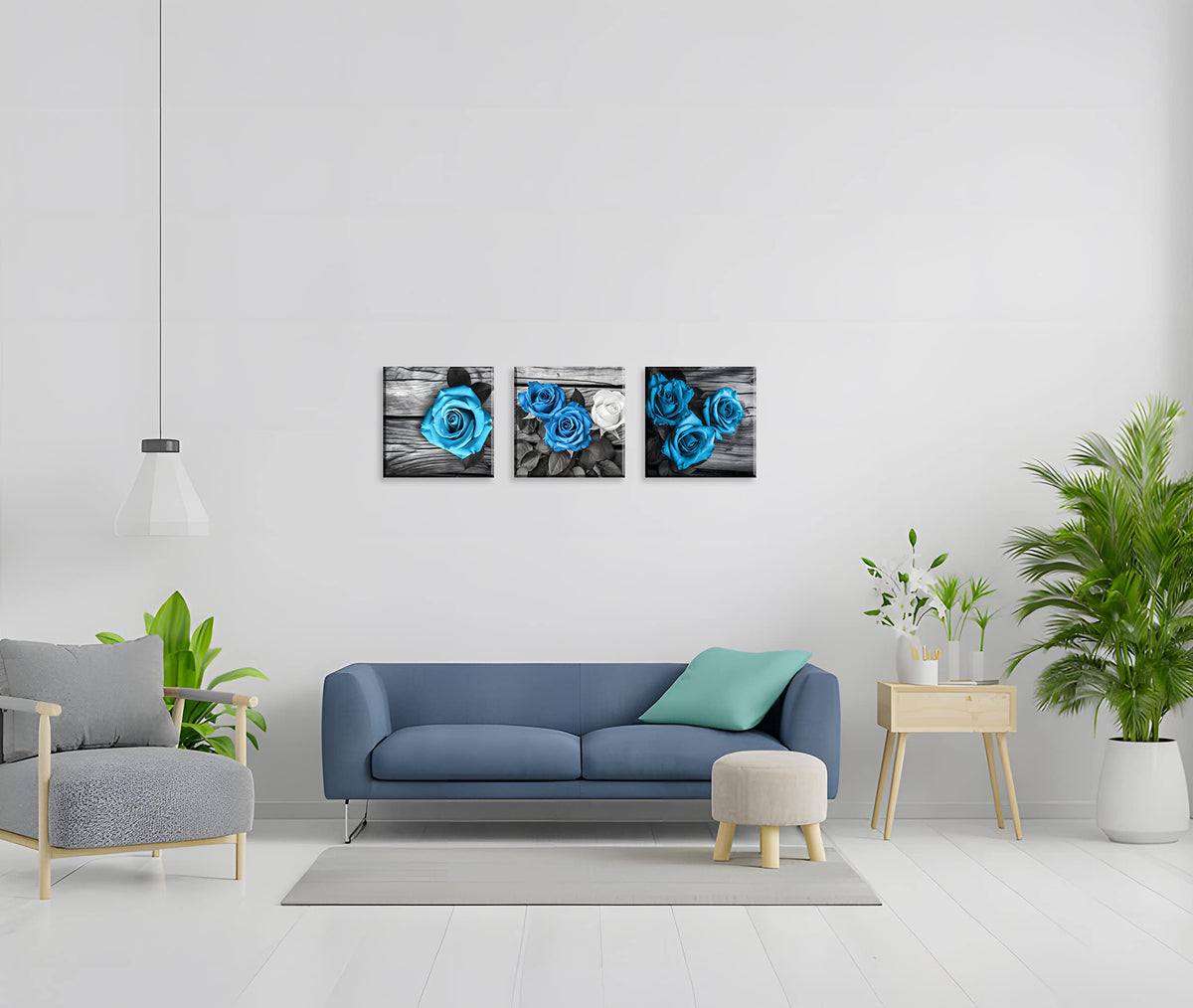 Blue Wall Decor for Living Room Blue Bathroom Accessories Black and White Canvas Wall Art Blue Rose Pictures Bedroom Decor Modern Painting Kitchen Home Decorations 16x16 3 Pcs (16 x 16 inches (3-Piece Set) / Blue Rose)