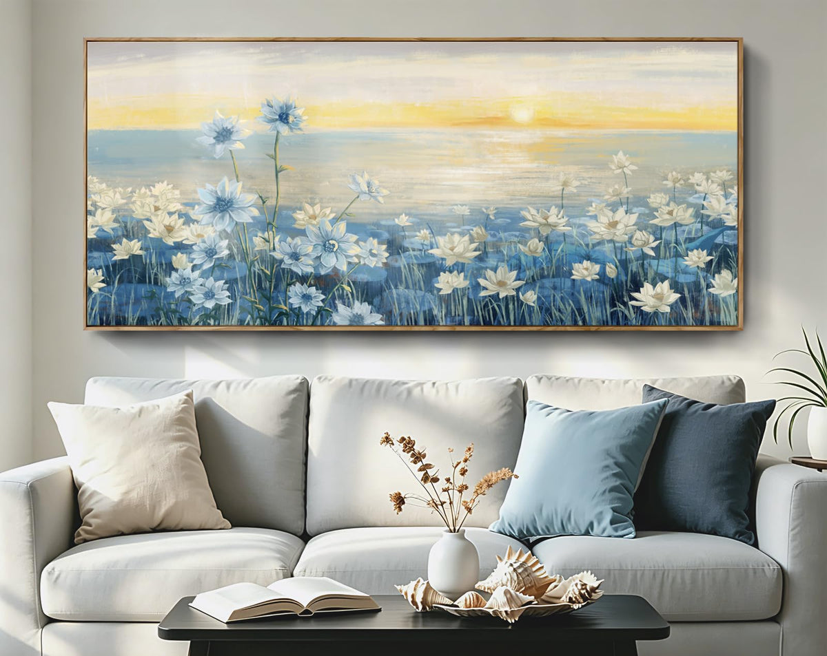 Giant Framed Wall Art for Living Room Extra large Modern Coastal Beachy Canvas Wall Art Big Floral Sunrise Blue Wall Picture Oversized Lake Nature Sunset Artwork Office Bedroom Decor 71“x31” (Sunrise Wall Art / 71"L x 31"W)