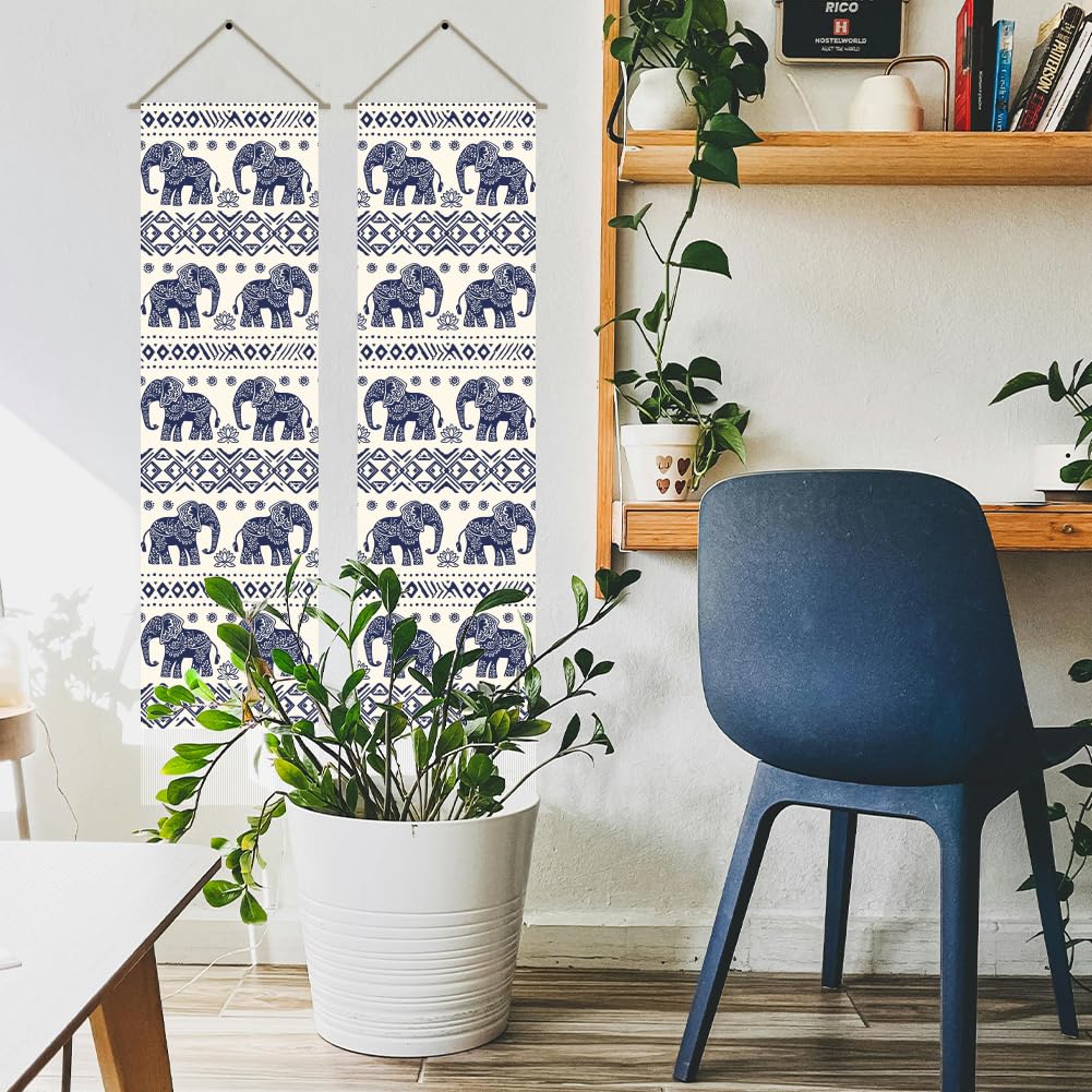 2Pcs Bohemian Elephant Long Vertical Tapestry (Blue-elephant)