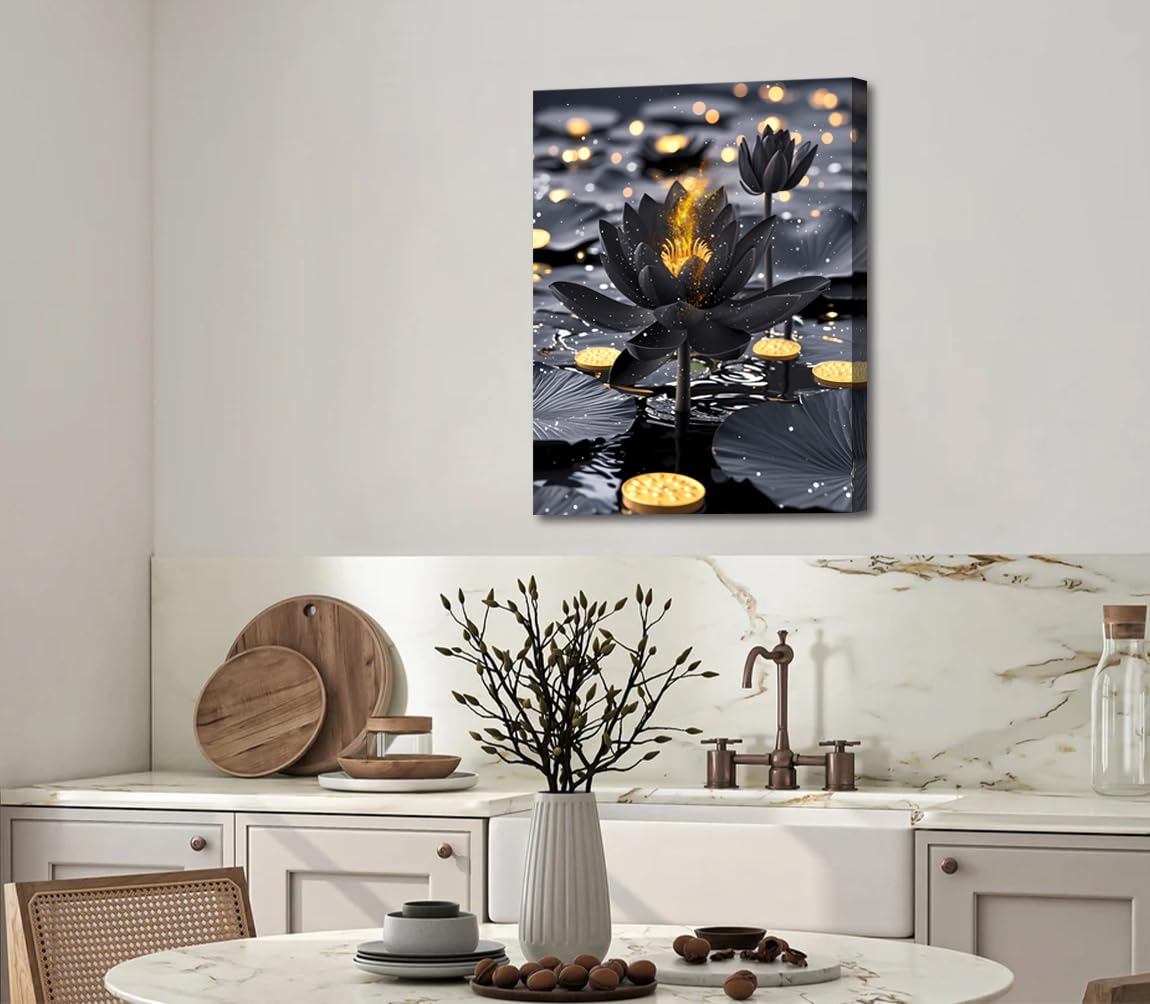 Framed Black and Gold Lotus Floral Wall Art Prints (Framed 12"X16"- Black Lotus Art Prints)