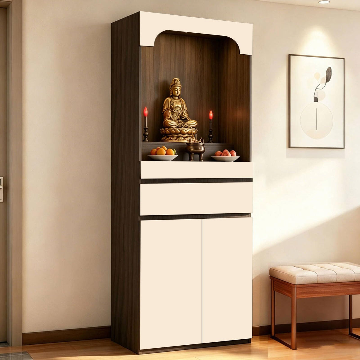 Altar Table Pooja Cabinet with Drawers and Storage Cabinets (15.7×15.7×65.4in / Beige+brown Wood Tone)