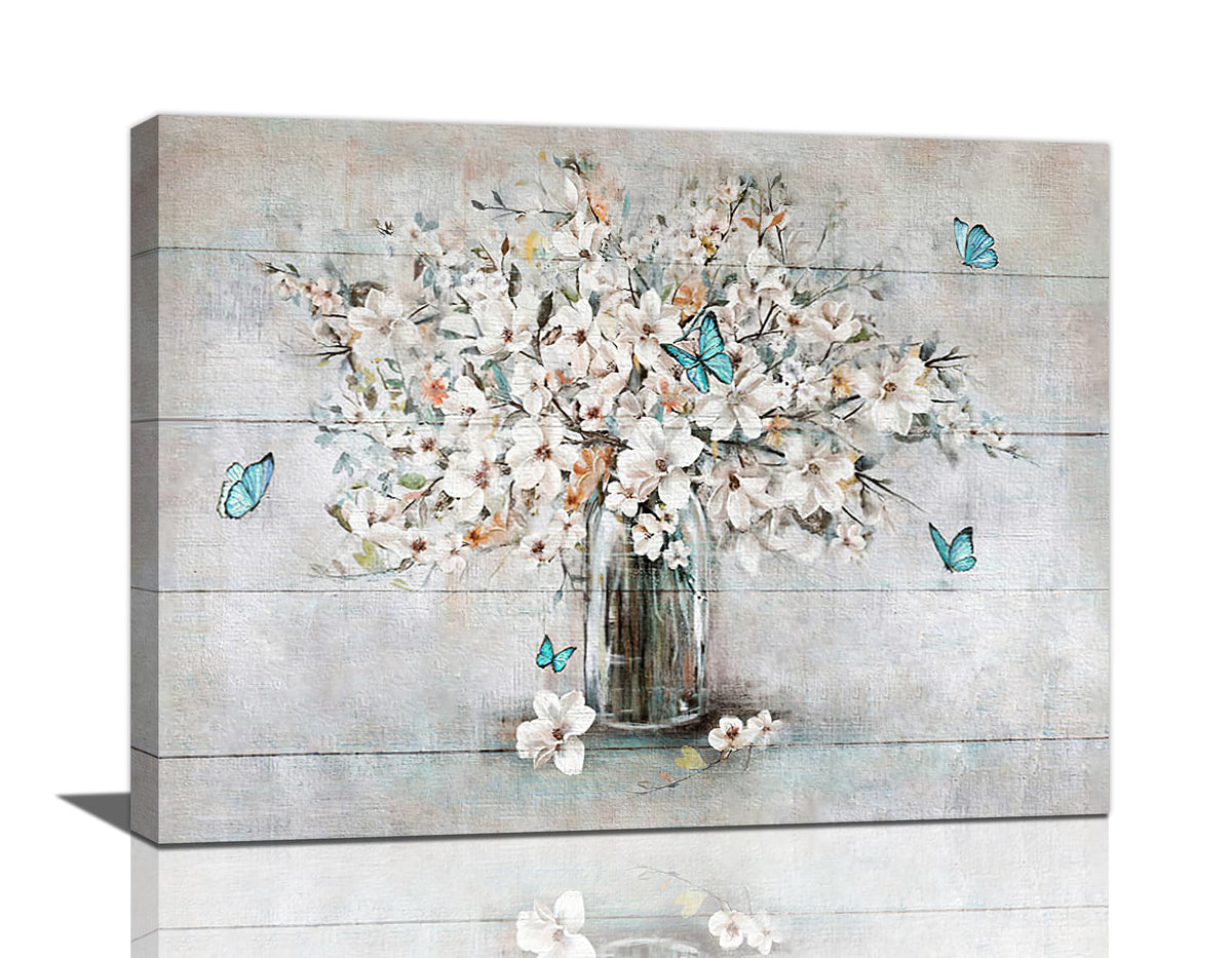 Rustic Flower Wall Art Farmhouse Bathroom Decor White Blossom Floral Canvas Painting Prints Bathroom Pictures for Wall Modern Artwork Home Decoration for Bathroom Bedroom Office 16"x12" (White Flower / 16"L x 12"W)