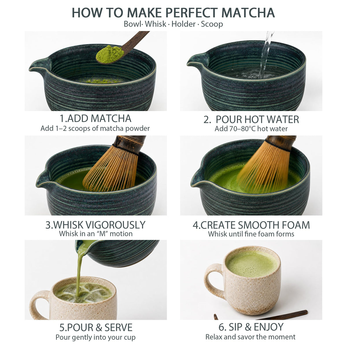 Matcha Set, 7-Piece Matcha Whisk Set with Bowl & 100-Prong Whisk (Dark Green)