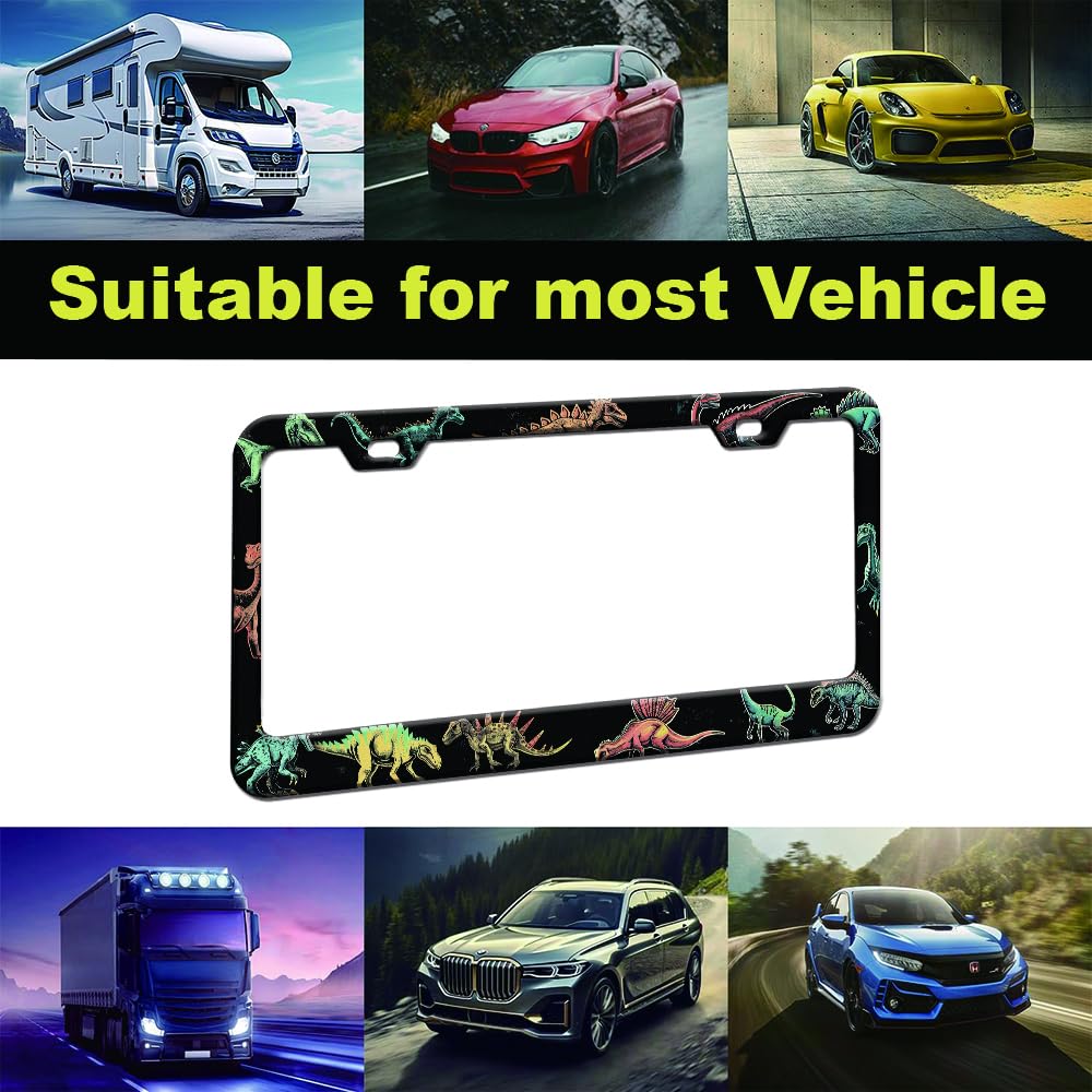 Colorful Dinosaurs License Plate Frame Women 2Pc Car Tag (for animal-Dinosaurs / 2 pack)