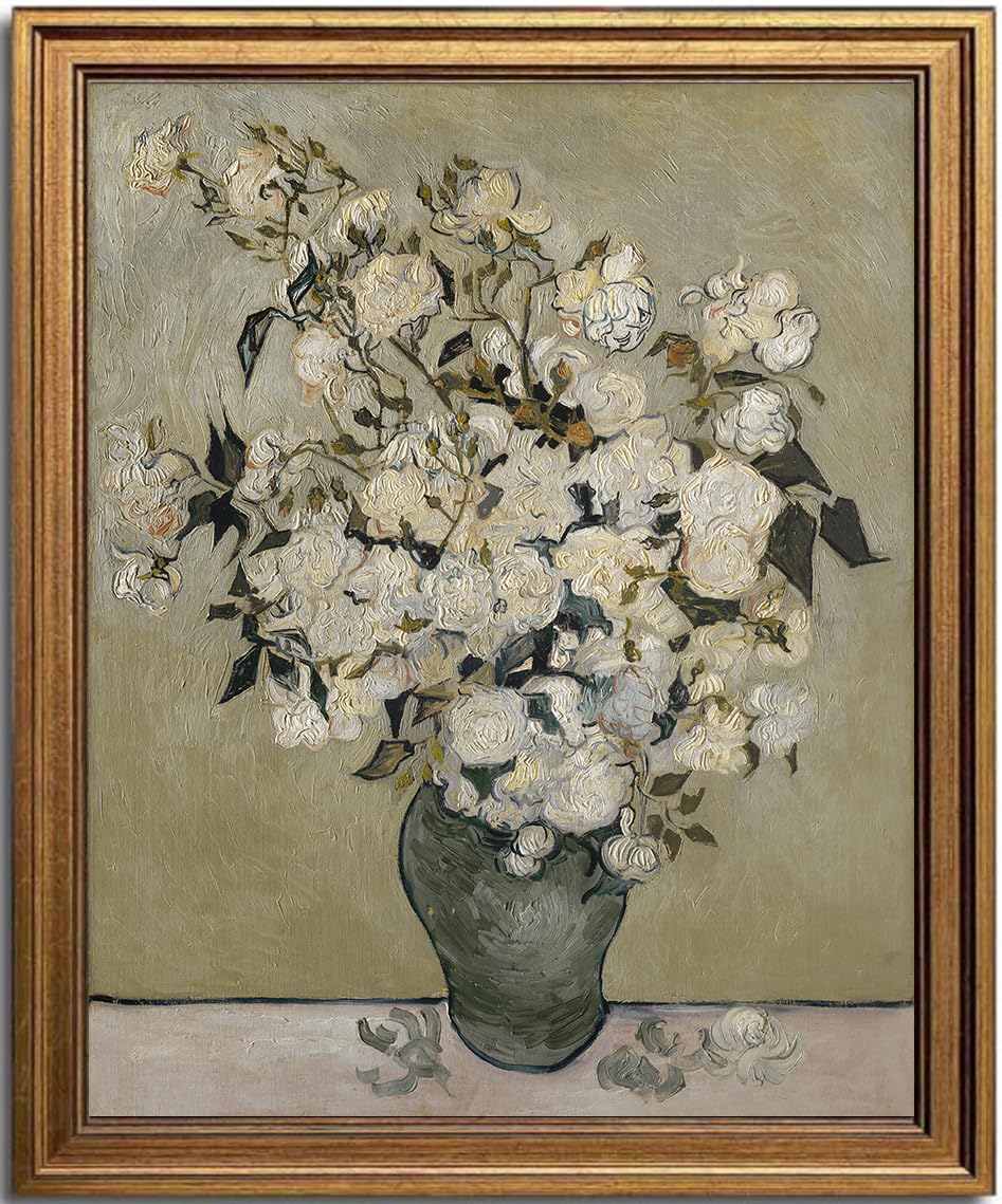 White Still Life Roses Oil Painting Gold Framed Wall Art 8x10inch (Still Life Roses / 10"L x 8"W)