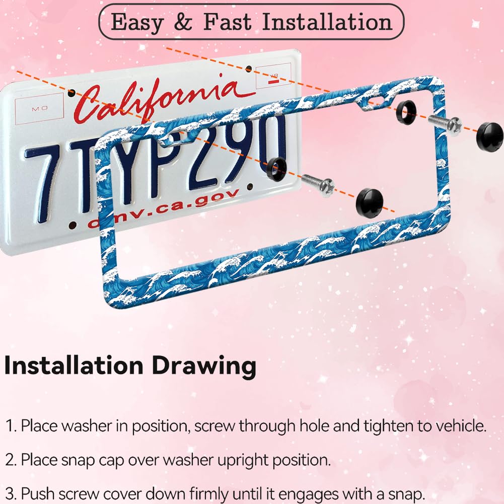 Blue Ocean Wave License Plate Frame for Women 1Pc Car Tag (for blue ocean wave / 1 pack)