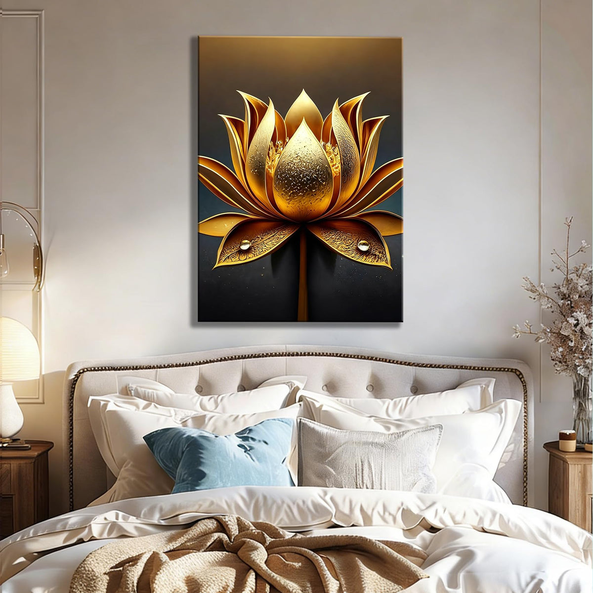 Framed Golden Lotus Canvas Wall Art for Living Room Decor (Pictures24 / 36"L x 24"W)