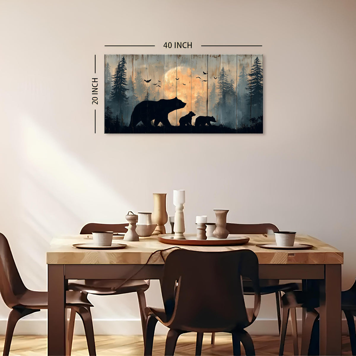 Wildlife Bear Wall Art Rustic Cabin Wall Decor Forest Mountain Animals Landscape Picture Canvas Prints Living Room Kitchen Lodge Decorations for Home Rustic Painting Poster Country Artwork 20x40” (40"L x 20"W / blackbeers)