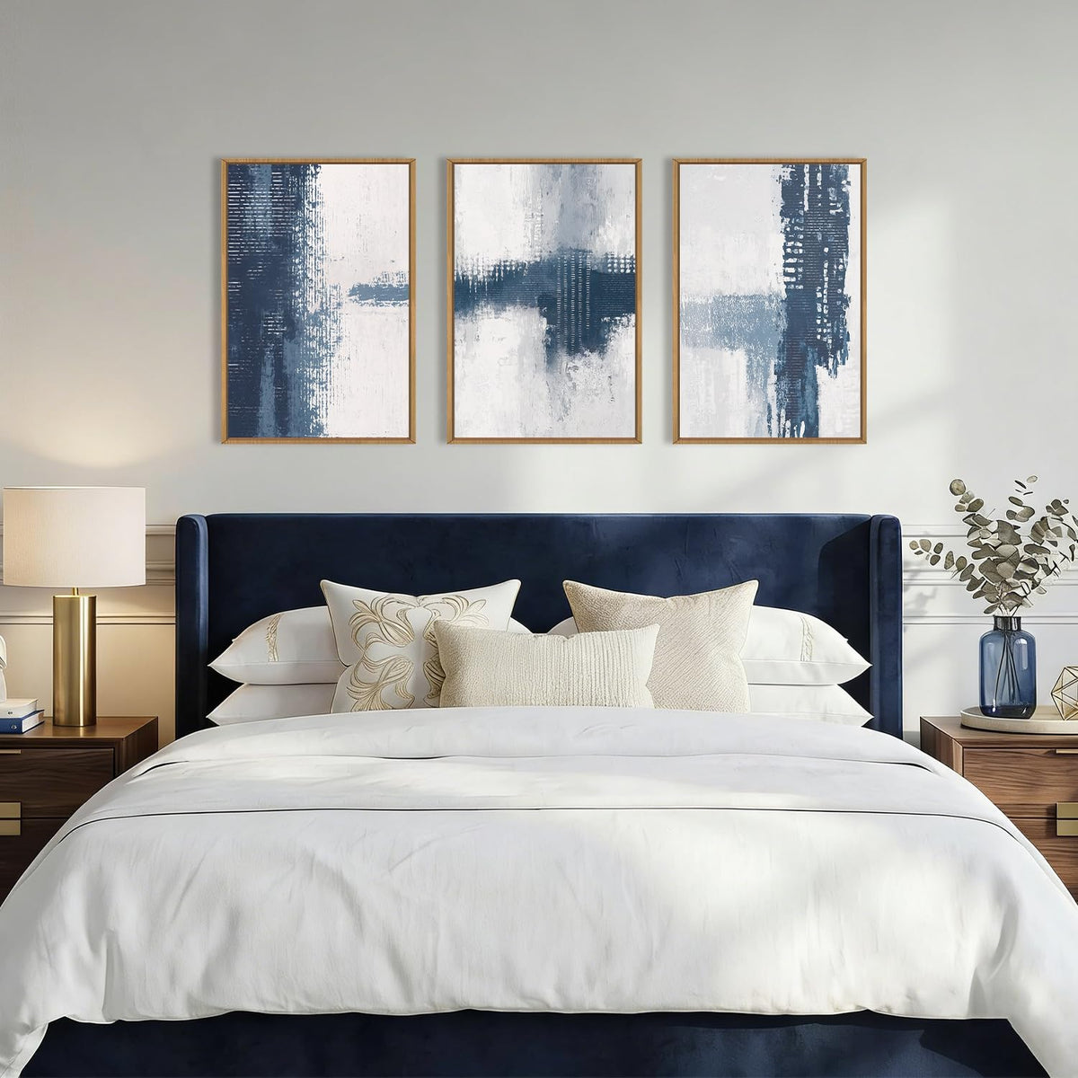 Abstract Navy Blue Grey Framed Canvas Wall Art Set (Blue White Wall Art / 24"L x 36"W)