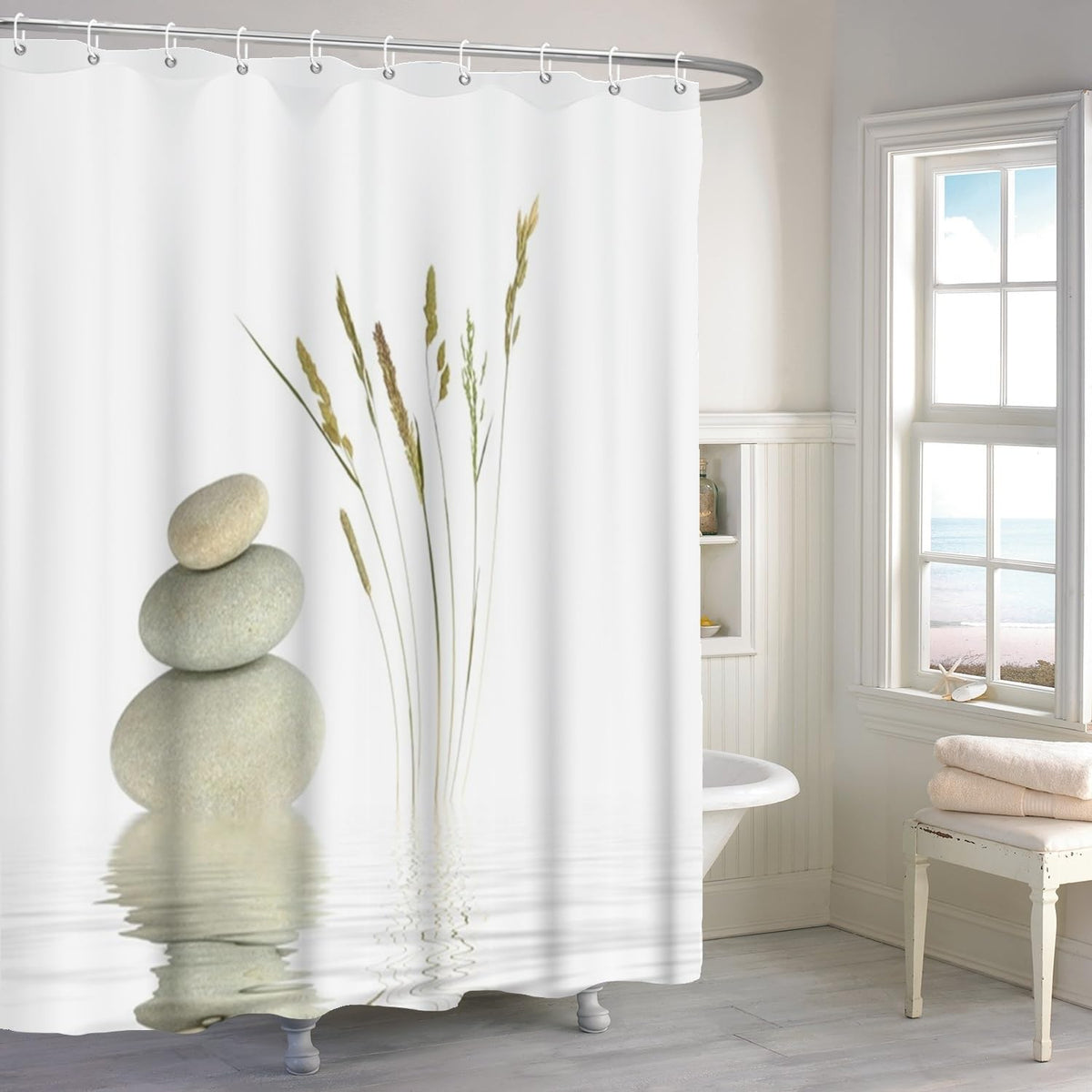 Zen Spa Shower Curtain Zen Stone Wild Grass Reflection in Water Meditation Design Bath Curtain Waterproof Polyester Fabric Bathroom Decor Set with Hooks 65x72inch (65"W x 72"L (Pack of 1) / White)