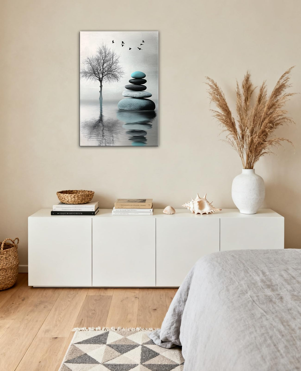 Zen Stones Tree Canvas Wall Art Water Spa Stone Reflection Pictures Minimalist Nature Art Zen Meditation Calming Home Decor for Living Room Bathroom (Artwork-2 / 18"L x 12"W)