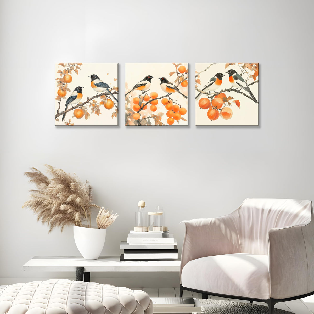 3PCS Vintage Style Watercolor Birds Orange Fruits Canvas Wall Art Botanical Autum Natural Scene Artwork for Living Room Bedroom Office Calming Wildlife and Fruit Branch Framed Canvas Prints (Birds Orange Fruits / 14x14 inches (3 pieces))