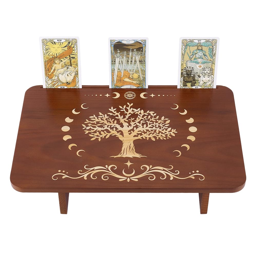 Altar Table 7.8"x11.8"x2.7" Rectangle Wooden Meditation Table Engraved Moon Tree of Life Patterns Wiccan Tables for Room Engraved Mystic Decor Witchcraft Supplies Buddhist Alter (11.8x7.8 inch)