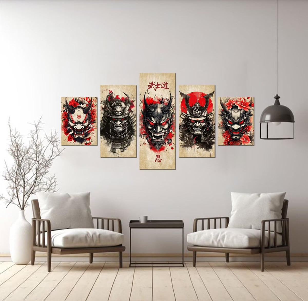 Bushido Wall Art Japanese Samurai Wall Decor Red and Black Canvas Pictures for Japan Theme Restaurant Tavern Hotels Bedroom Living Room Office Bathroom Asian Artwork Prints Framed 5 Piece (50"Wx24"H / Samurai 5P-13)