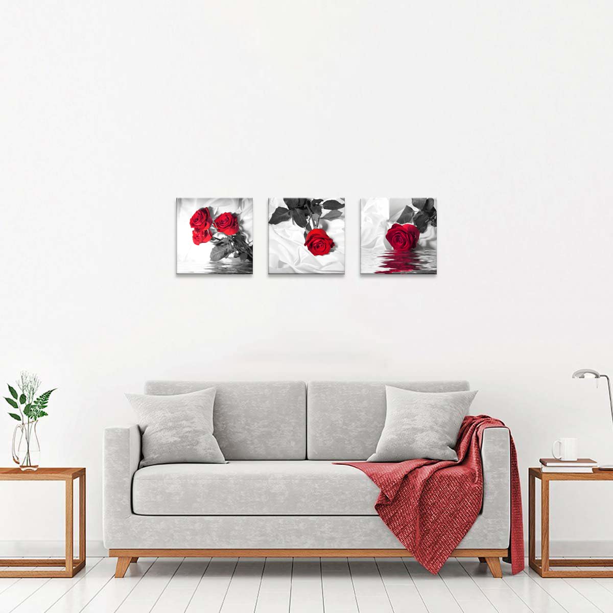 Canvas Print 3 Pcs Black and White Red Rose Canvas Art Painting Abstract Wall Art Decorations Flower Picture on Canvas for Home Decor Stretched and Framed (14 x 14 inches (3-Piece Set) / Red Rose)