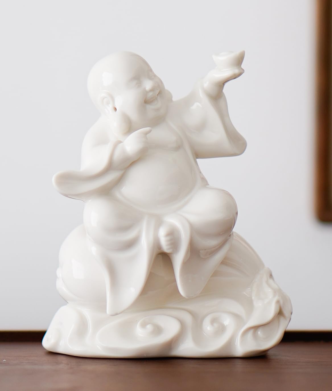 Small Ceramic White Laughing Buddha Statue for Good Luck (Money)