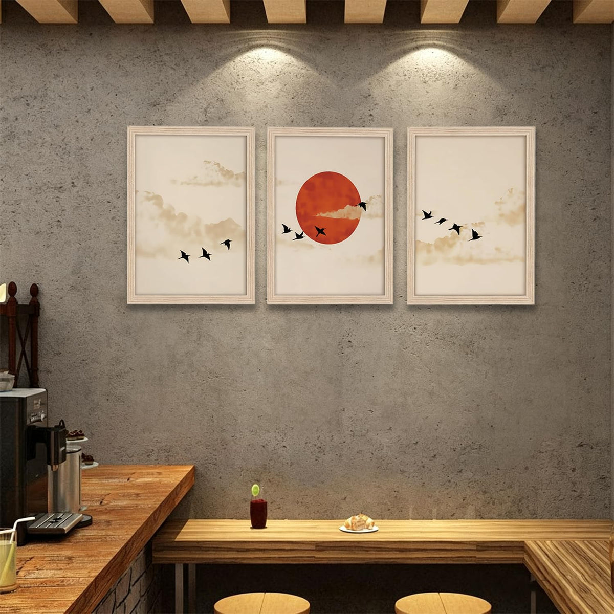 Framed 3D 3Pcs Sunset Birds Canvas Wall Art Japanese Decor (white sun / 24"L x 16"W)