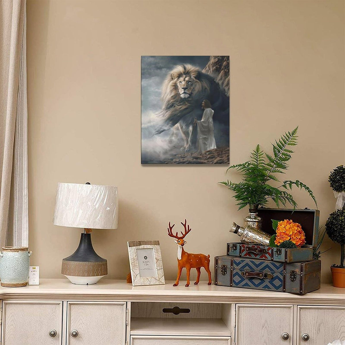 Jesus And Lion Wall Decor Christian Lion of Judah Pictures Christ Religious Canvas Wall Art God Painting Home Modern Artwork Framed for Church Living Room Bedroom Bathroom Office 16 x 20 inch (20"L x 16"W / Lion Jesus)