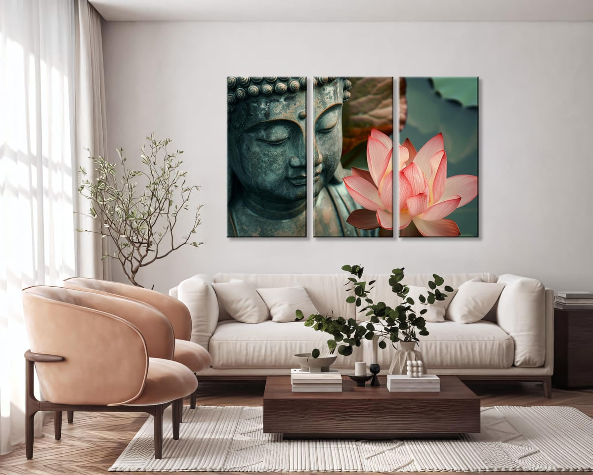 3Pcs Zen Buddha Lotus Flower Canvas Wall Art Spiritual Decor for Meditation Peaceful Home Decor Asian Cultural Symbolism Tranquil Art for Living Room Bedroom Office Ready to Hang (12"L x 24"W / 3PCS-Buddha)