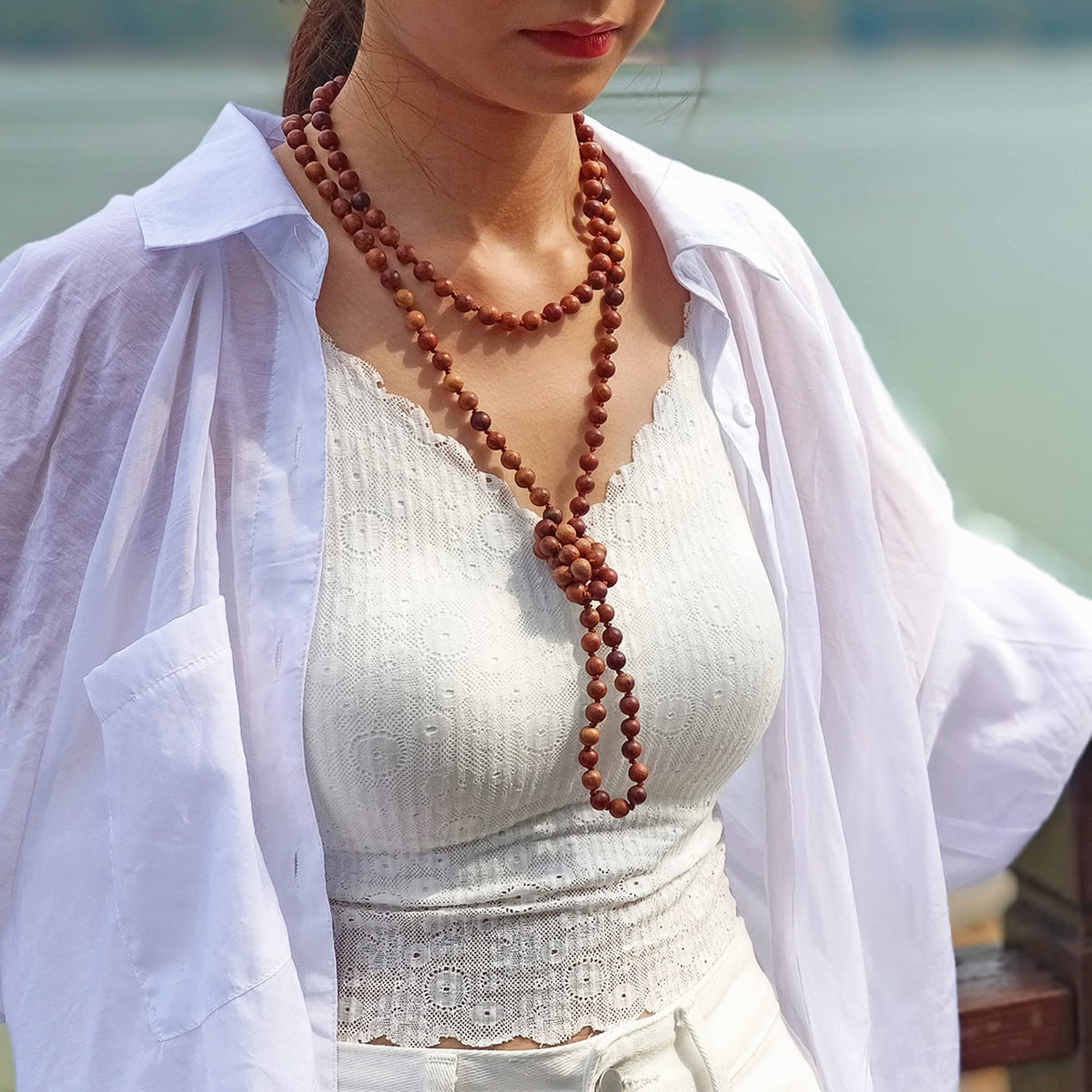 Fashion Natural Round Wood Beads 60'' Long Strand Art Deco Necklace for Women (B)