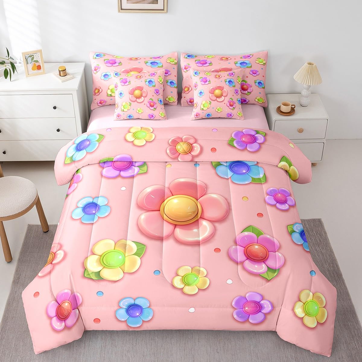 Bright Pink Comforter Set with Sheets King Size Kids Flower 7 Piece Bedding Set All Season for Boys Girls Teens Modern Art Bed in A Bag Breathable Soft Lightweight Room Decor (Bright Pink / King)
