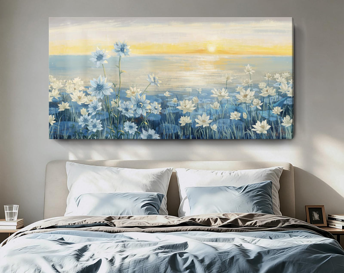Extra Large Wall Art for Living Room Modern Framed Coastal Beachy Canvas Wall Art Big Floral Sunrise Blue Wall Picture Oversized Lake Nature Sunset Artwork for Office Bedroom Decor 58"x29" (Sunrise Wall Art / 58"L x 29"W)