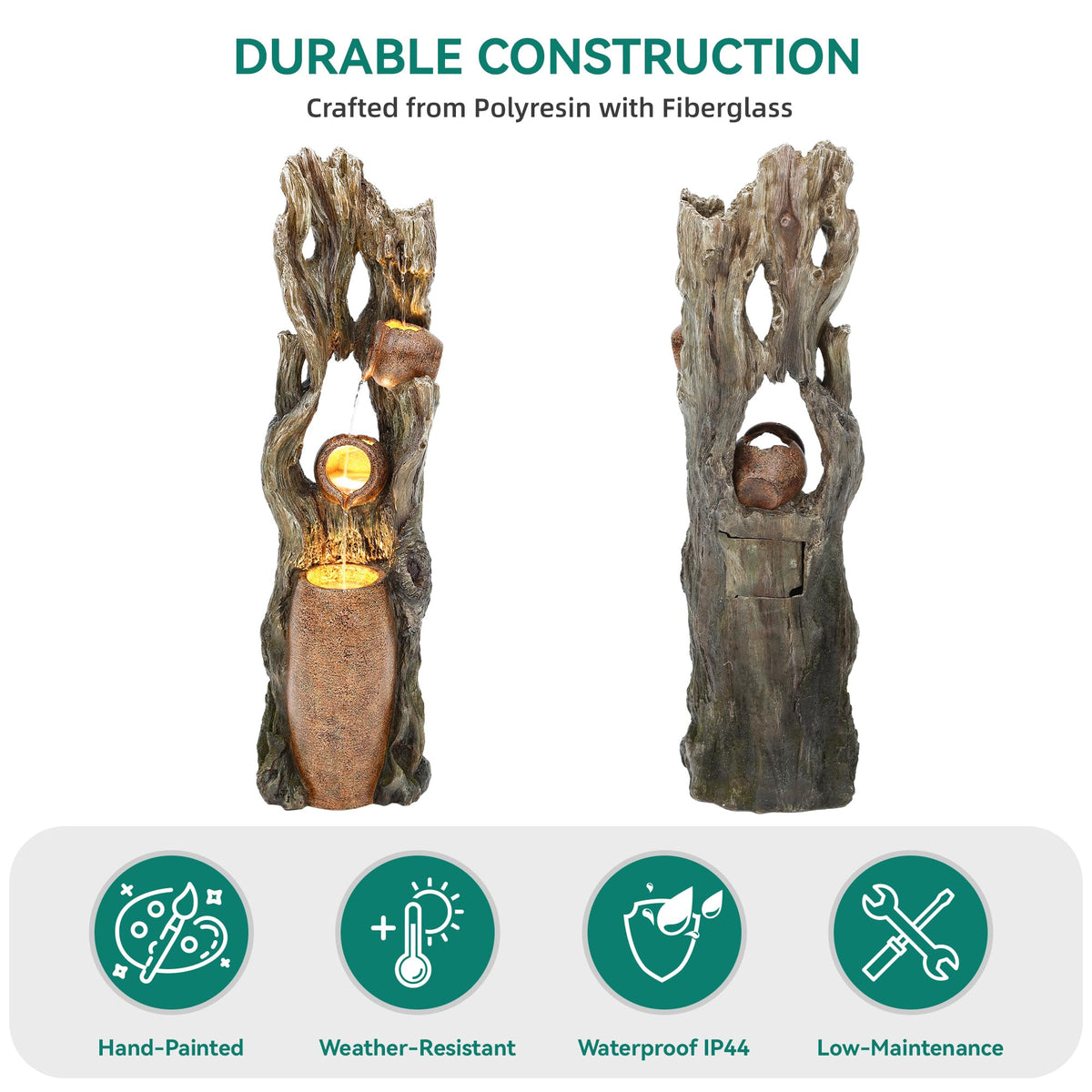 42.7" 3 Tier Outdoor Water Fountain LED Tree Trunk Jar Waterfall (43"h Weathered Trunk)