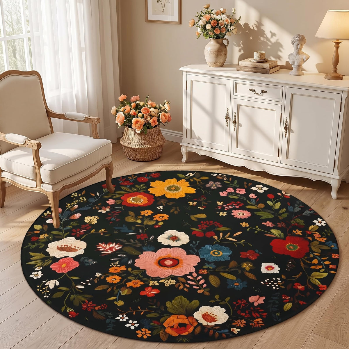Floral Round Area Rug 4ft (Daily-floral Black / 4' (Round))