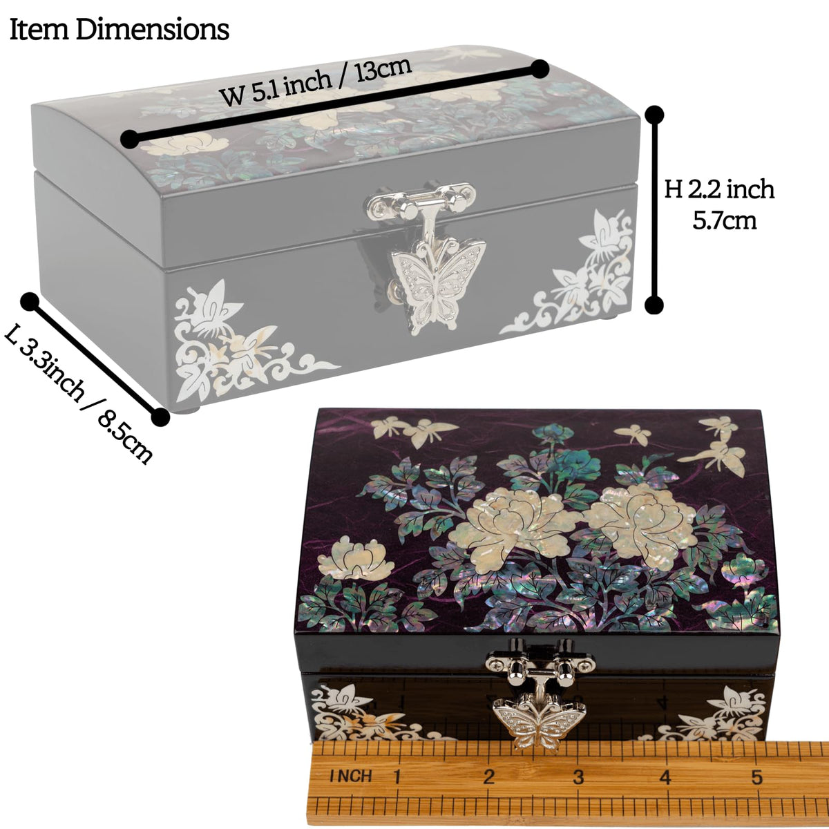 Mother-of-Pearl Jewelry Box – Elegant Purple Lacquered Keepsake with Peony & Butterfly Design, Red Velvet Interior – Christmas, Birthday Gift, Unique Jewelry Organizer for Women (Purple Haze)