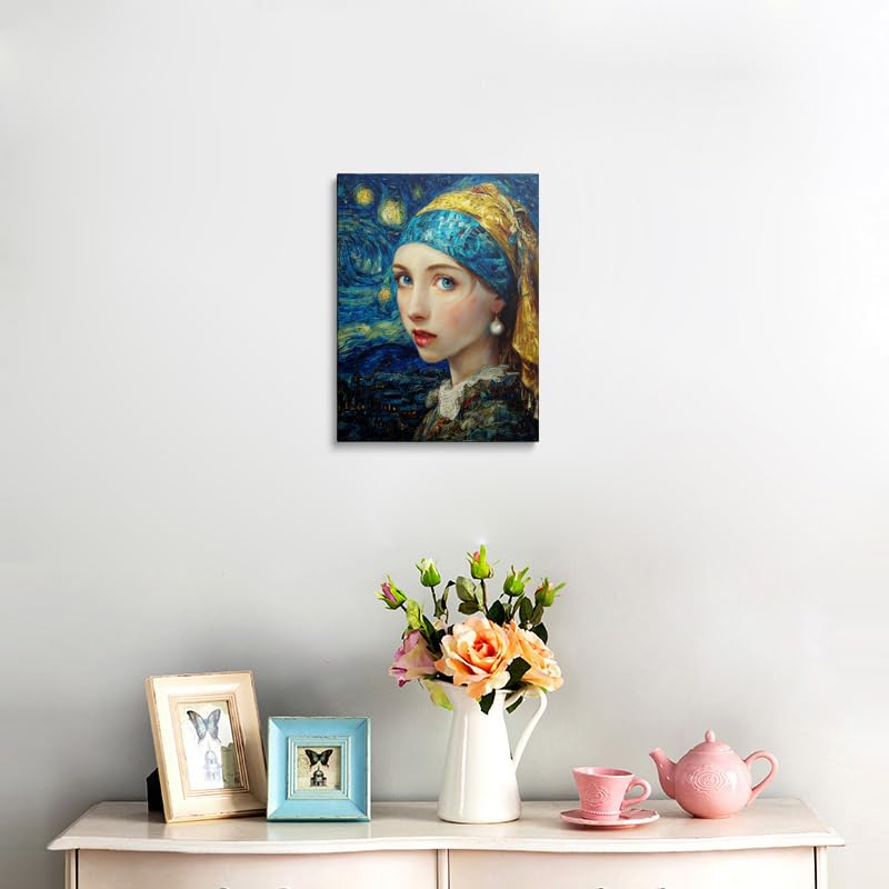 Van Gogh Starry Night Girl with Pearl Earring Canvas Wall Art Framed Painting Masterpiece Fusion Portrait Blue Gold Turban Swirling Background Wall Decor Artwork for Living Room Study 12x16 Inches (Starry Night Girl / 16"L x 12"W)