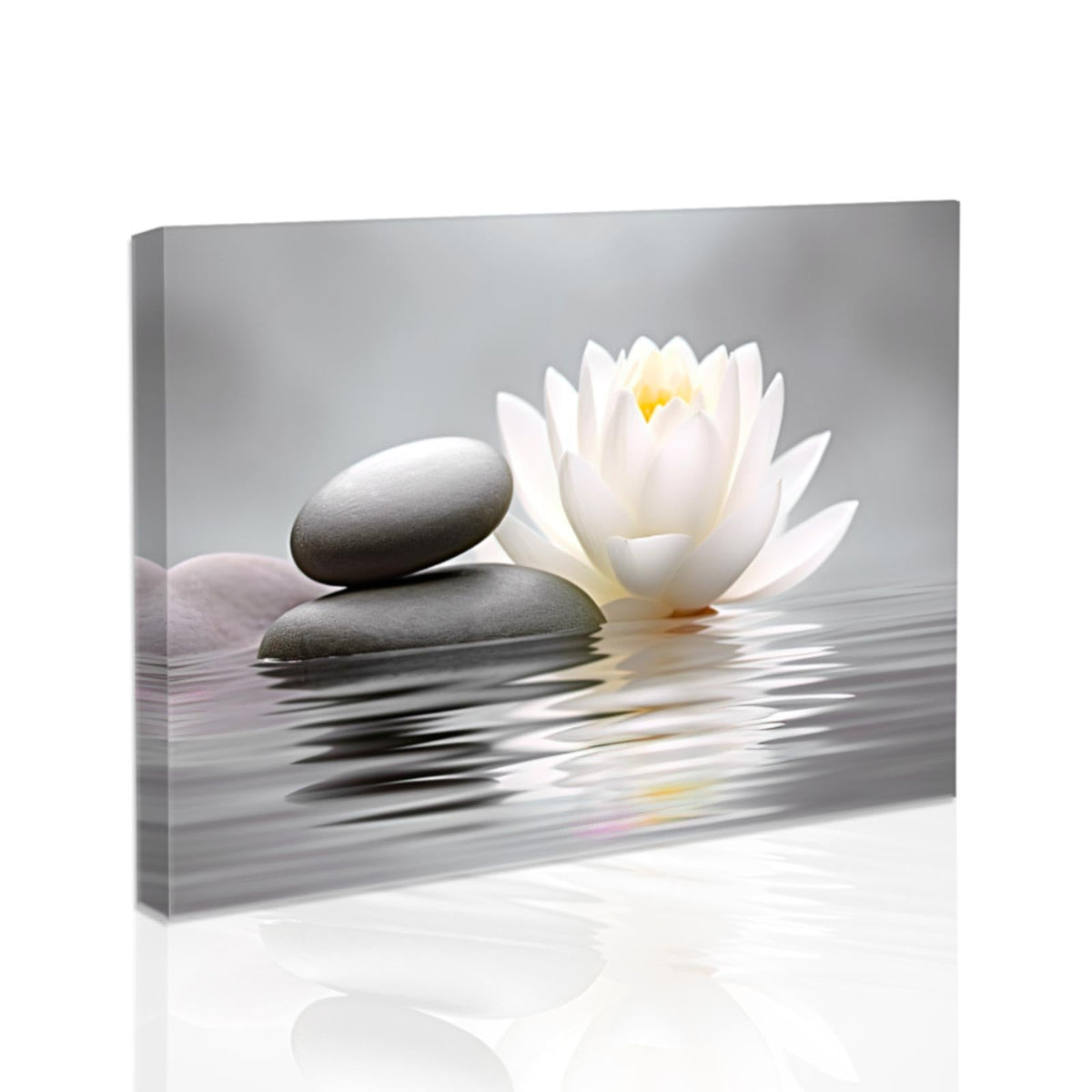 Zen Bathroom Wall Art Black and White Grey Spa Painting Lotus Flower Pictures Stone Floral Canvas Prints Meditation Yoga Room Office Decor Framed (White / 20L" x 30W")