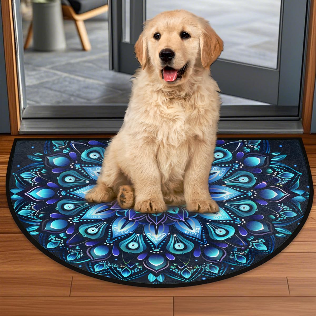 Half Round Door Mat Mandala Ethnic Flower Half Moon Rug Ethnic Mandala Washable Half Circle Area Rugs Indoor Entrance Non Slip Semi Circle Bathroom Rugs Floor Carpet for Kithen Bedroom Fireplace Decor (Color 9)