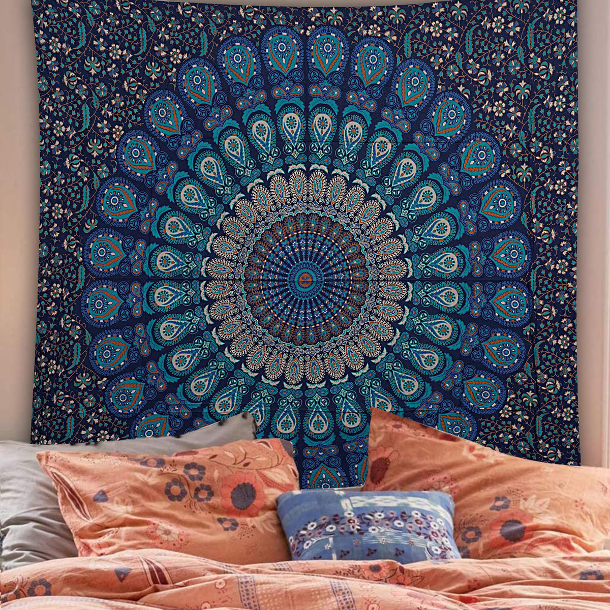 Handmade Cotton Peacock Mandala Tapestry (60"L x 50"W / Navy Blue)