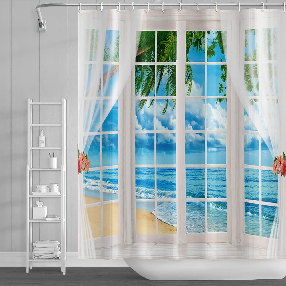 60x72inch Tropical Natural Scenery Shower Curtain White Seaside Scenery Outside Window Frame Pattern Bathtubs Decor Summer Beach Palm Tree Bathroom Curtain with Hooks Waterproof Polyester (60"W x 72"L (Pack of 1) / Blue01)