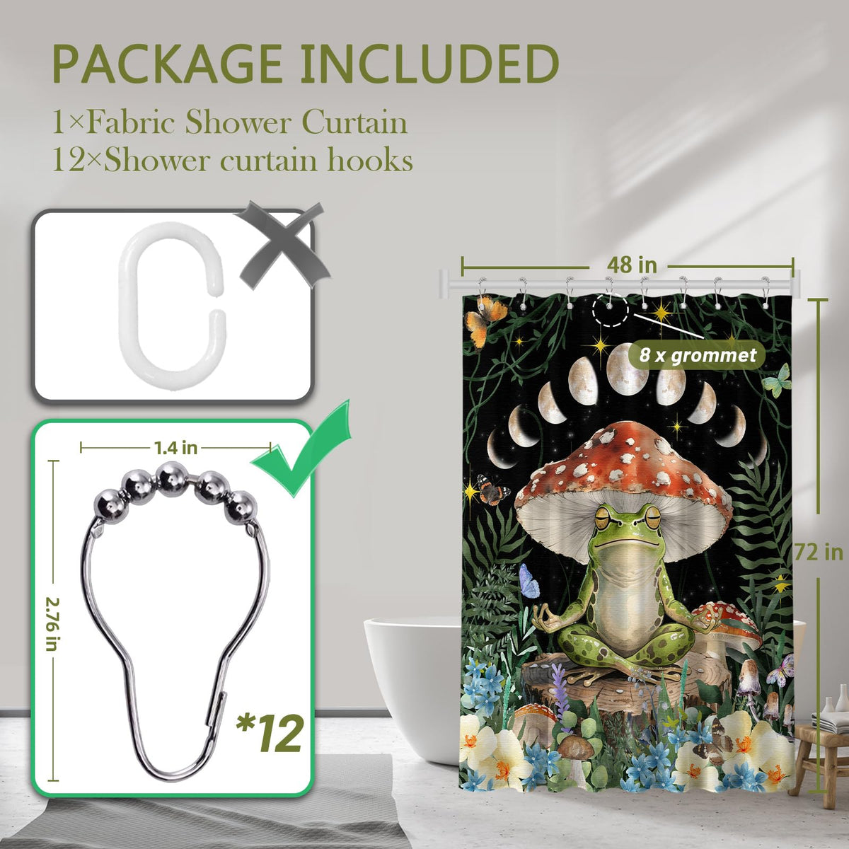 Small Stall Shower Curtain Rv Mushroom Frog (Mushroom Frog / 48"W x 72"L (Pack of 1))