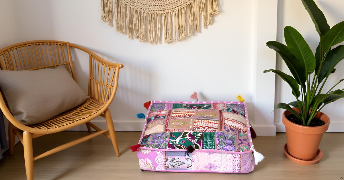 Indian Square Patchwork Traditional Pouf Cover Indian Living Room Poufs Decorative Embroidered Designer Ottoman Home Living Footstool Chair Cover Decor Pillow Cover 16x16x5 inches Baby Pink (16"D x 16"W x 5"H / Baby Pink)