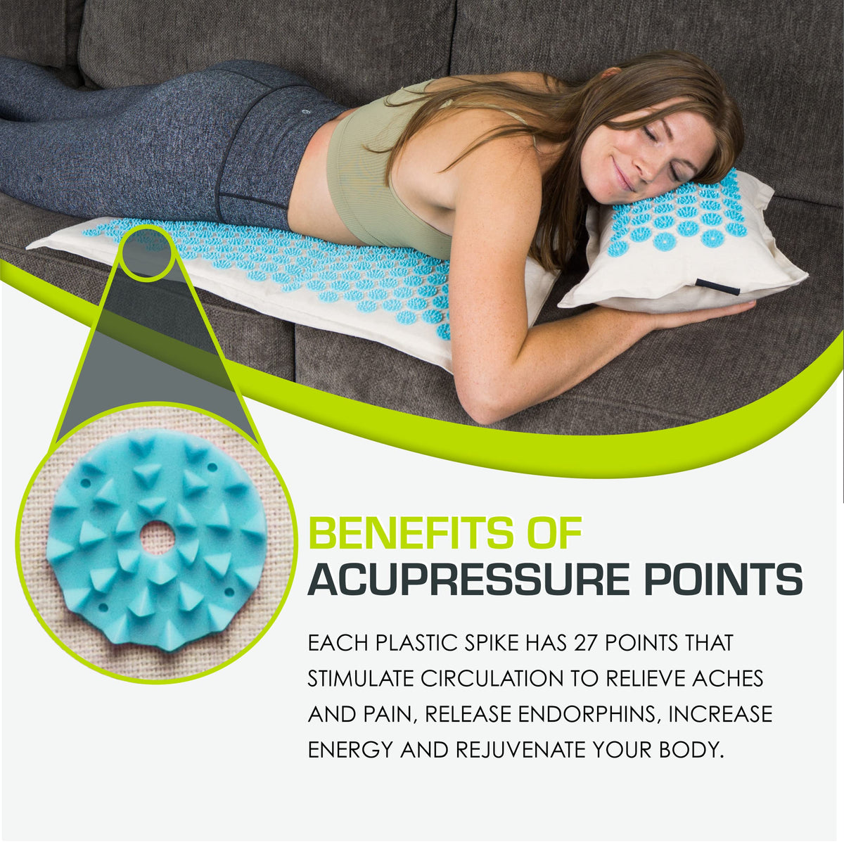 Fit Ki Acupressure Mat and Pillow Set with 100% Natural Linen and Coconut Fiber Filling; Spike Mat for Back and Neck Pain Relief (Natural Aqua)