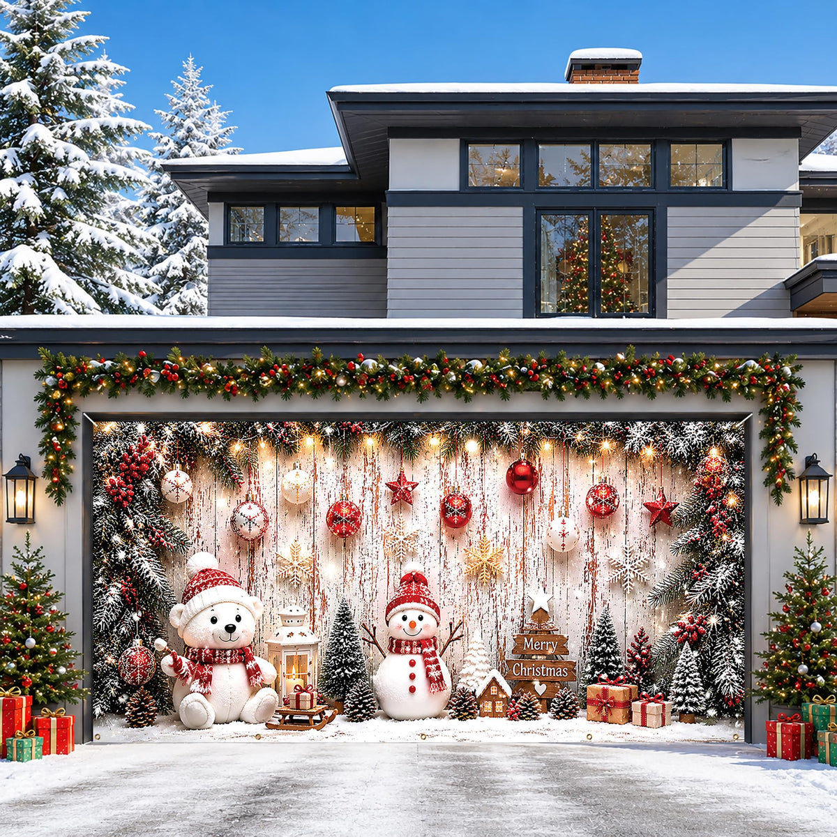 Christmas Garage Door Cover Bear & Snowman Party Backdrop 6x13FT (Christmas Background)