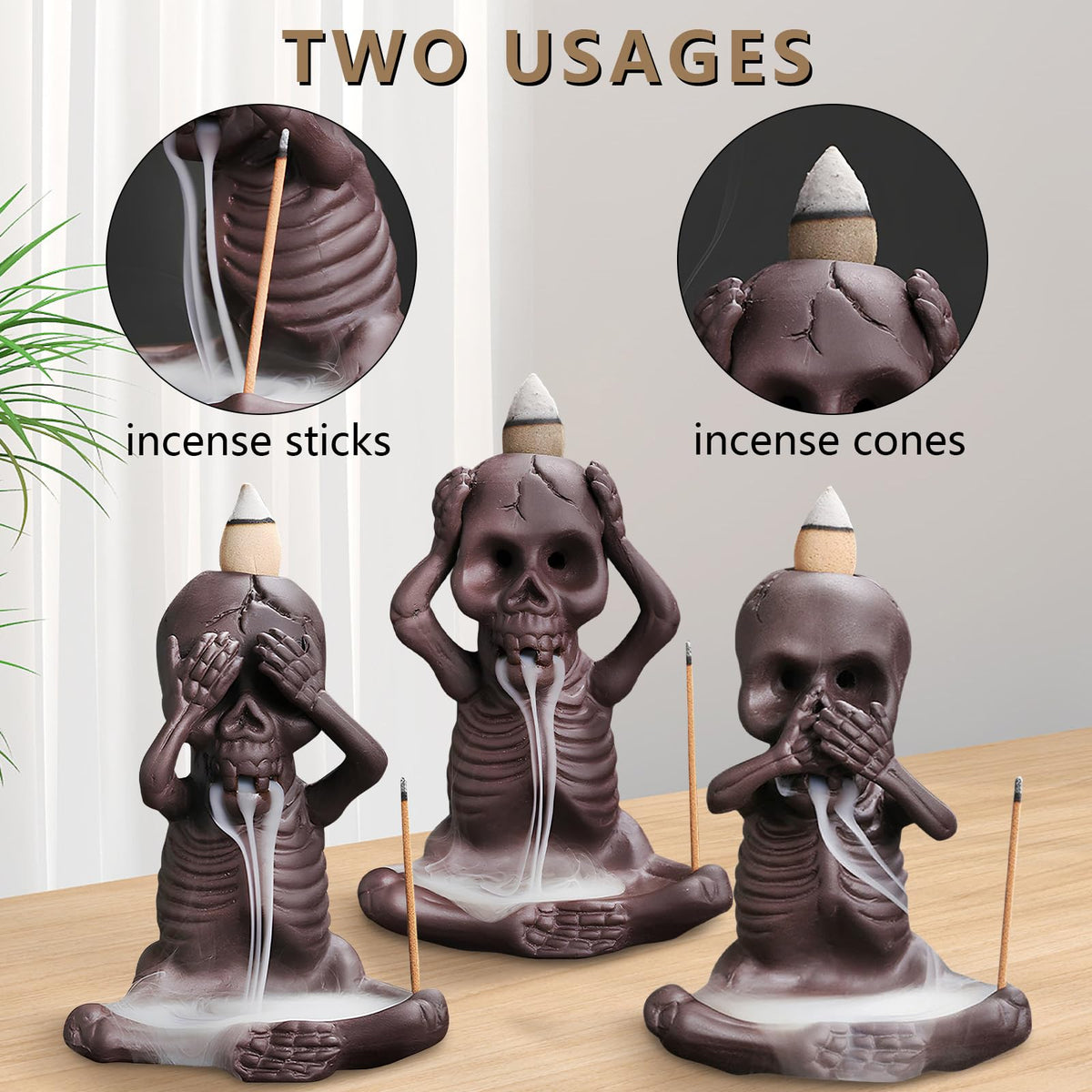 Backflow Incense Burner Skull Decor Incense Stick Holder Reverse Flow Censer Incense Waterfall Burner + Backflow Incense Cones (Set of 3)