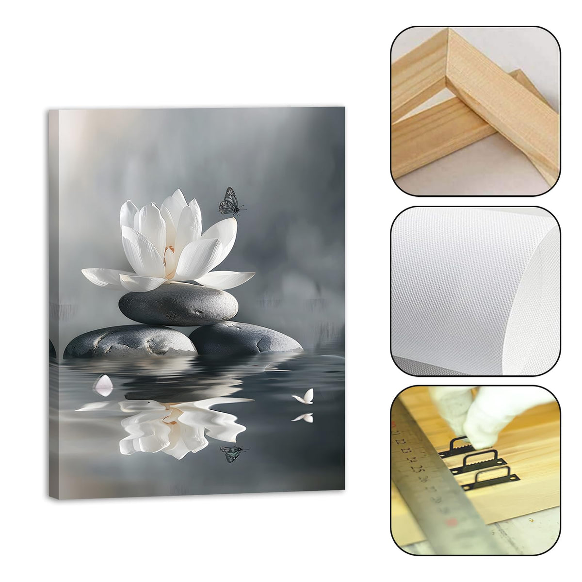 White Lotus Flower Zen Wall Art Spiritual Decor Meditation Yoga Spa Butterfly Art Prints for Yoga Meditation Room Decor Framed (24"L x 16"W)