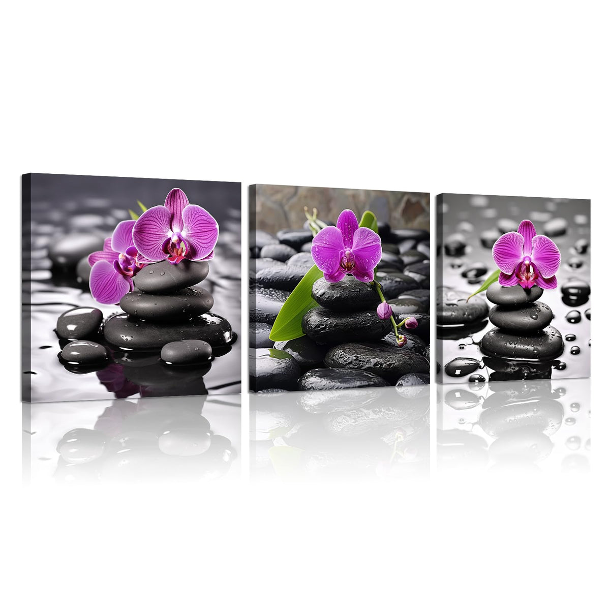 3 Panels Spa Canvas Wall Art Zen Wall Decor for Bathroom Orchid Flower with Spa Stone Pictures Still Life Print Painting for Home Bedroom Decor Stretched and Framed (Zen 02 / 24"L x 24"W)
