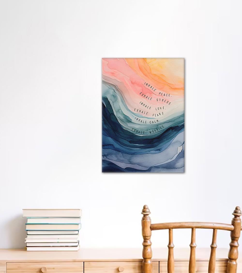 Inspirational Texts Like Inhale Peace Exhale Stress Canvas Print Watercolor Painting Pink Blue Gradient Canvas Wall Art for Yoga Bedroom Office Frame Ready To Hang (Style_15 / 16"L x 12"W)