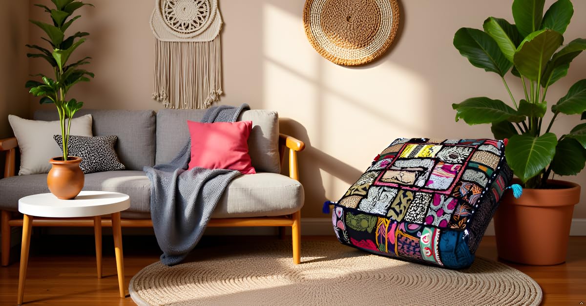 CK Handmade Black Patchwork Pouf Cover 22x22x5 Inch Square Ottoman Cover Embroidered Cotton Floor Cushion Cover Decorative Footstool Cover Boho Indian Pouf Case for Living Room Bedroom (22"D x 22"W x 5"H / Black)