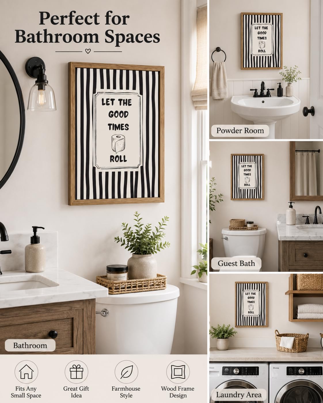 Wood Framed Funny Bathroom Wall Art Let The Good Times Roll Wall Decor (Striped Toilet Paper / 16"L x 24"W)
