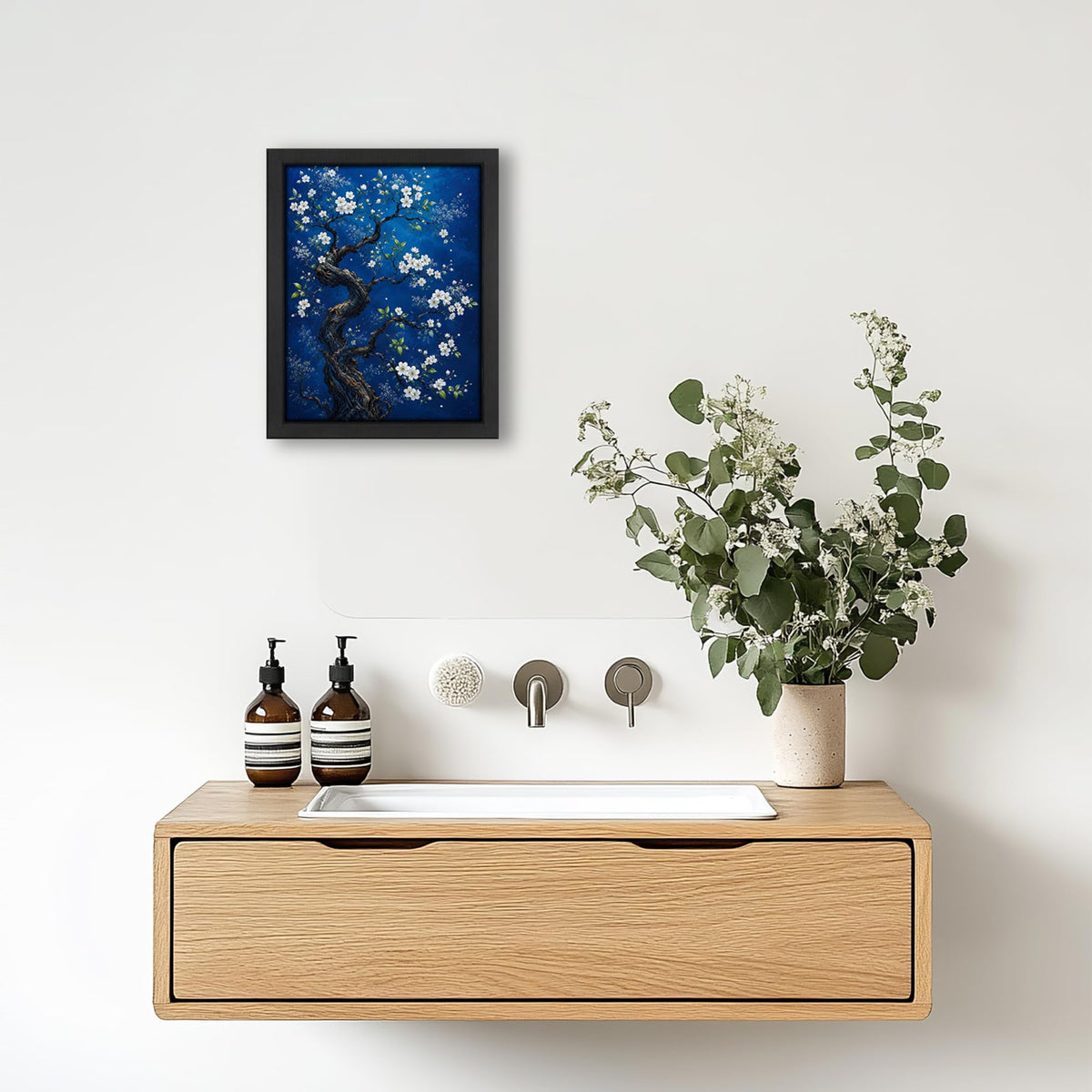 White Blue Blossom Tree Decor Wall Art (Wall Art Framed 56 / 20"L x 16"W)
