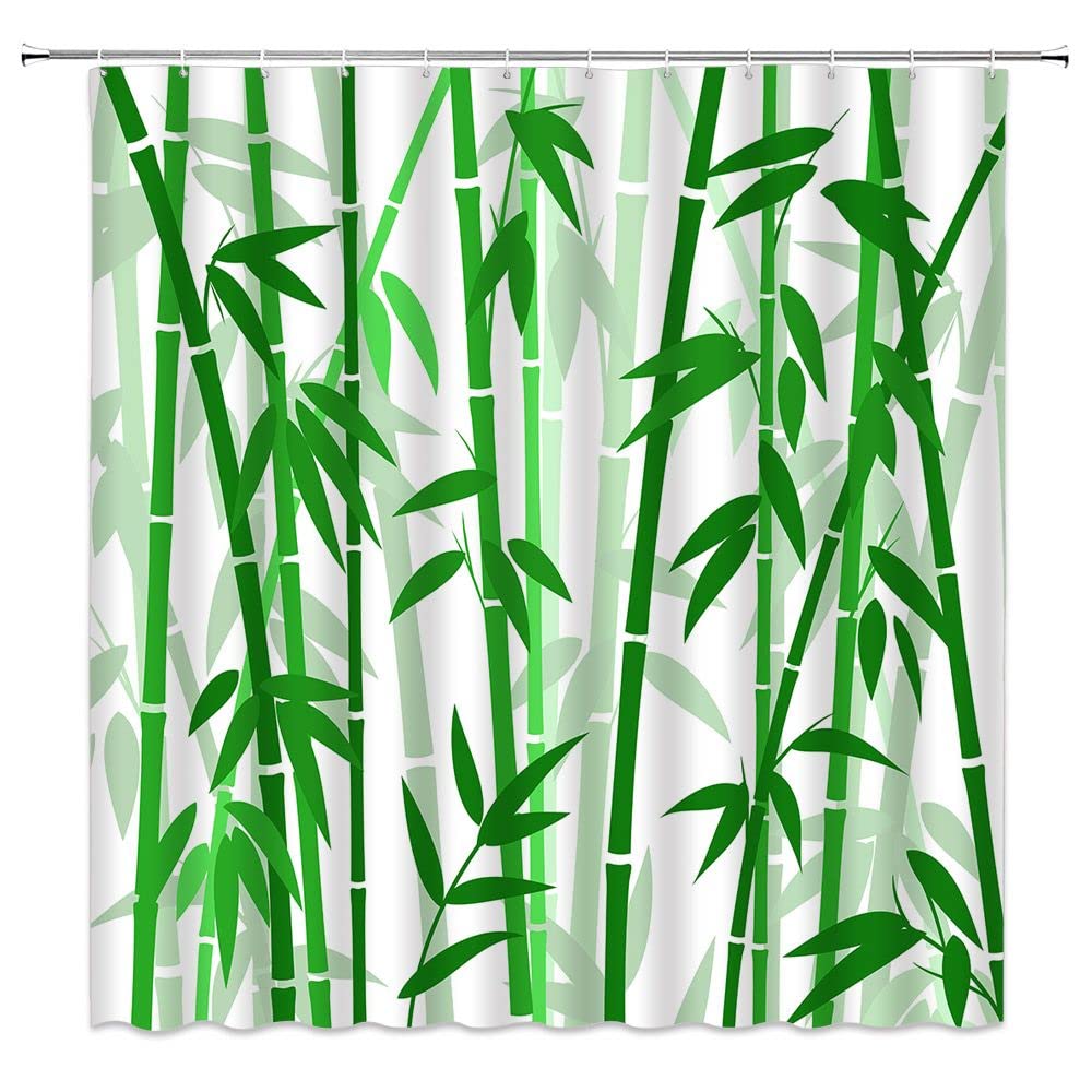 Bamboo Shower Curtain Green Bamboo Forest Tree Japanese Asain Art Rustic Wild Nature Plant Scenic Watercolor Fresh Spa Fabric Bathroom Sets with Hooks (White Green / 36"W x 70"L (Pack of 1))