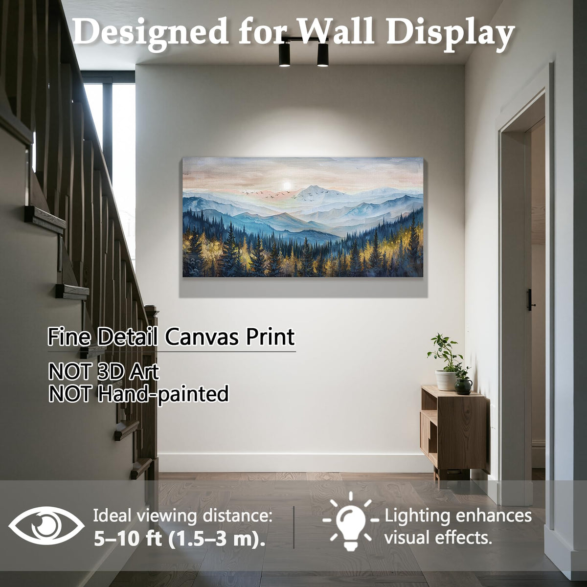 Modern Mountain Large Wall Art Forest Landscape Painting Blue Gold (Blue Ridge Mountains / 48"L x 24"W)